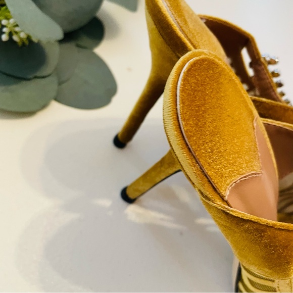 Faux Velvet Mustard Rhinestone Crystal Arch Heels Mules - Picture 6 of 10